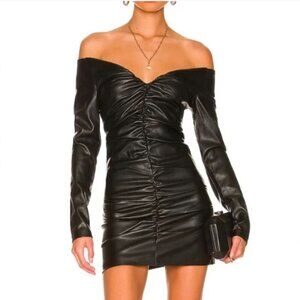 Bardot Vegan Faux Leather Black Mini Dress Off-Shoulder Long Sleeve Size 8 NWT